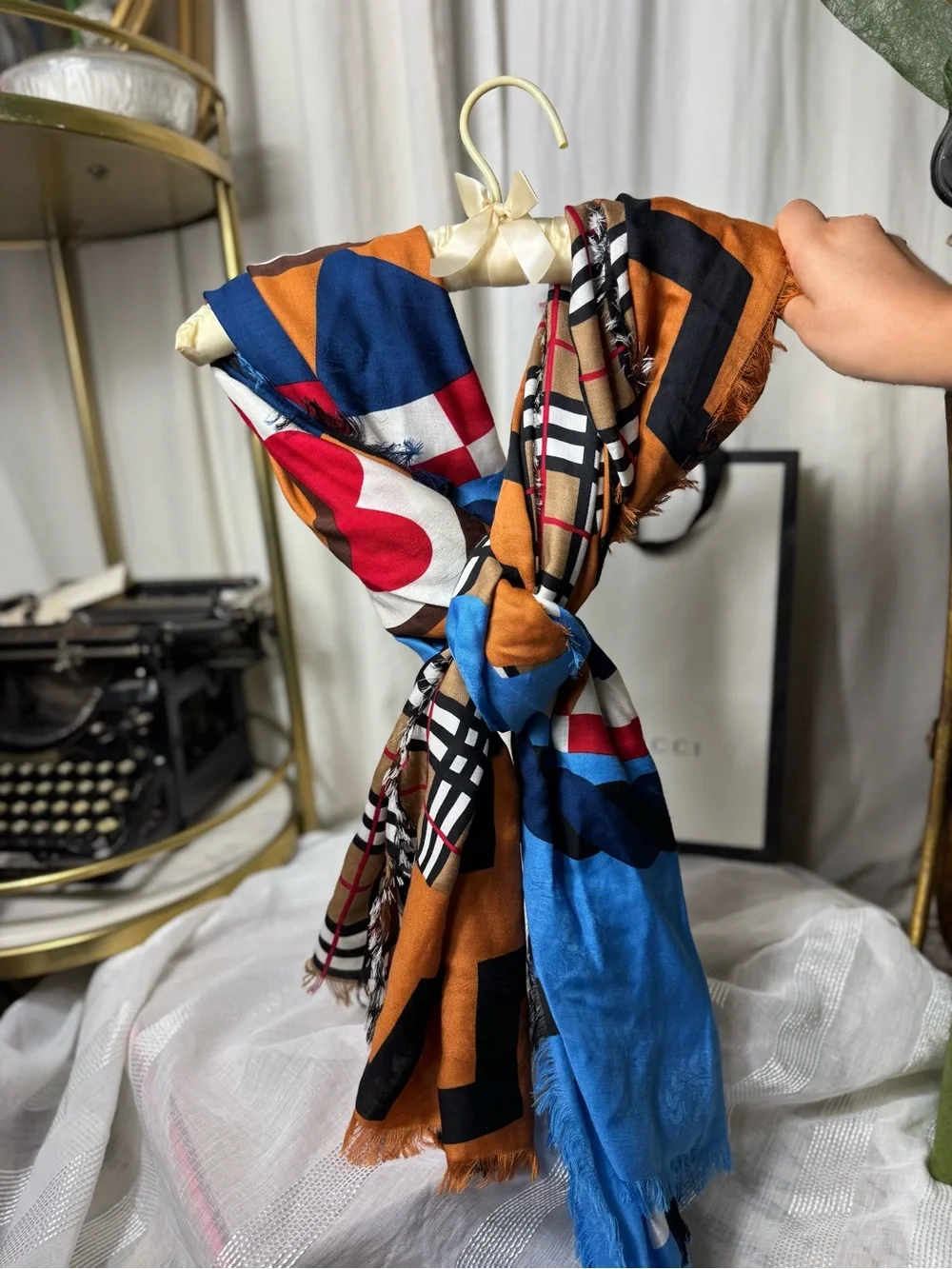 Vintage Y2K Burberry Patterned Scarf Blue Brown Red Orange Checkered